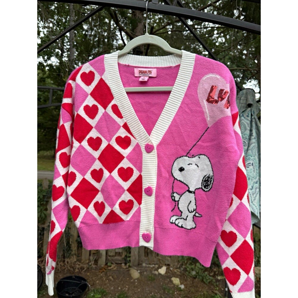 Peanuts Snoopy Love Balloon Valentine Cardigan Pink Red Size S NWOT
